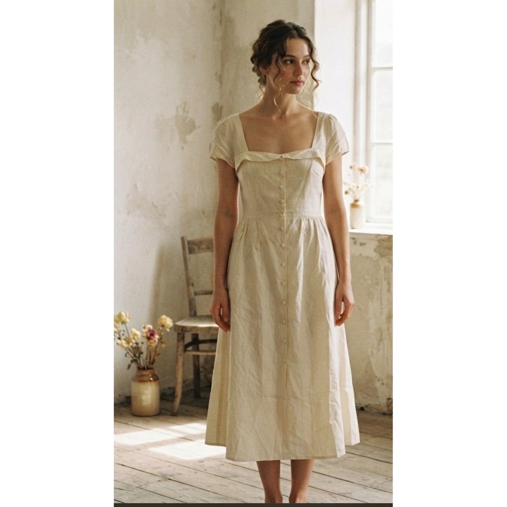 Cream Dress M Linen Prairie Ren Faire Corset Cottage Midi Lace Up Boho Farmhouse